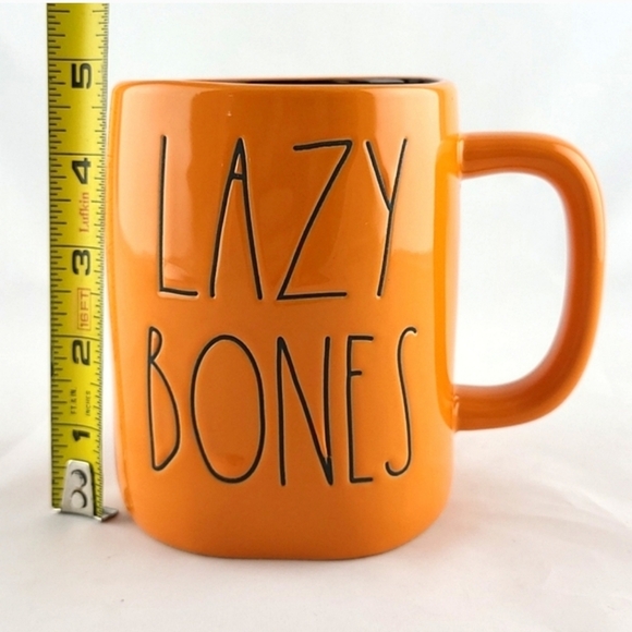 ⭐️2/ $50⭐️  Rae Dunn Orange Glossy Mug Black Large Letters LAZY BONES Halloween - Picture 9 of 10